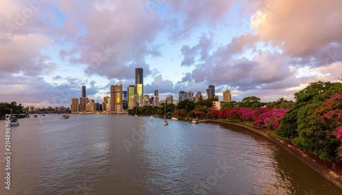 City skyline by the river waterfront.