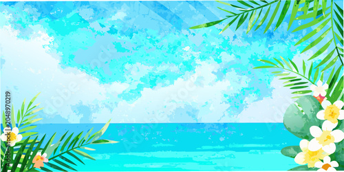 Tropical scene with palm leaves and white flowers watercolor illustration