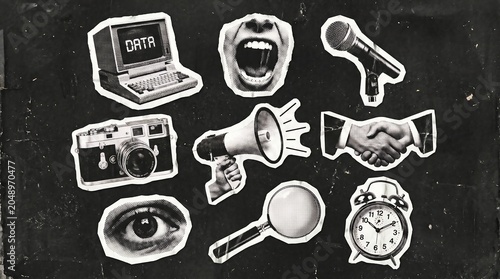 Vintage Halftone Collage with Media and Surveillance Elements