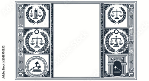 Ornate Legal Frame with Scales of Justice and Gavel, Vintage Style