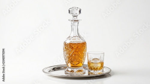 Luxury cut crystal decanter and matching tumbler glass with an ice sphere on a polished silver tray, isolated on a white background.