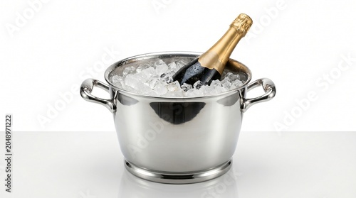Champagne bottle with gold foil neck chilling in a polished stainless steel ice bucket filled with ice cubes, isolated on a white background.
