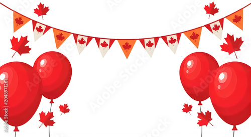 Canadian celebration background with red balloons and maple leaf flags isolated on transparent background
