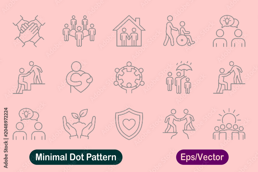 Fototapeta premium Vector icon set of social care and community support, including charity, volunteering, healthcare, and teamwork concepts, designed in a minimal dot pattern style