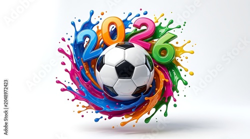 Soccer ball with colorful paint splashes and the year 2026 3d rendering