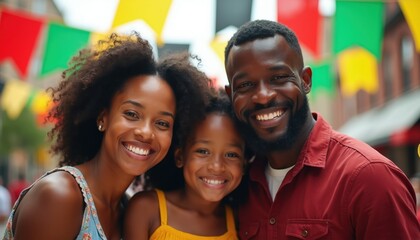 Happy Black family smiles outdoors, celebrating freedom and heritage. Parents and child enjoy event with colorful flags. Joyful Juneteenth gathering, Black culture.