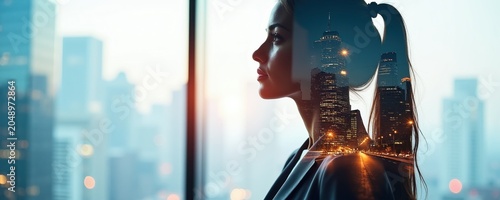 Woman profile double exposure with cityscape night view. Business professional looks out window. City lights and skyscraper panorama blend with her thoughtful expression.