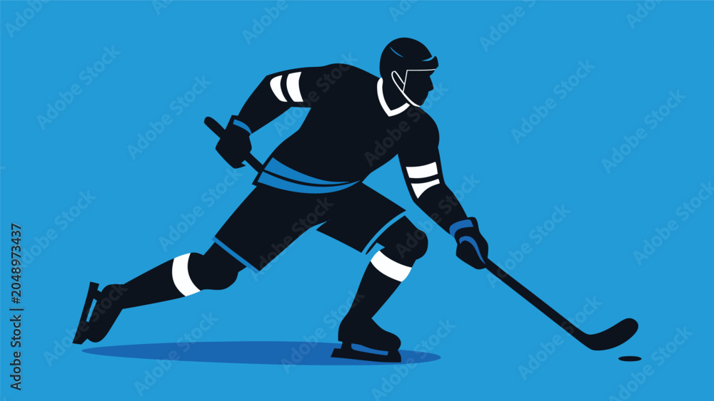 Fototapeta premium Hockey player in silhouette on blue background with puck during game