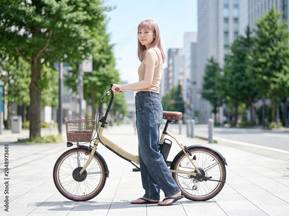 Obraz premium A young woman walking on the sidewalk in the city, pushing her bicycle. 歩道を自転車を押しながら歩く若い女性