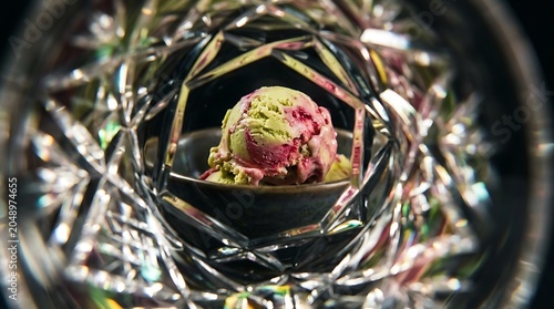 Gourmet Pistachio and Berry Ice Cream Viewed Through Crystal Prism