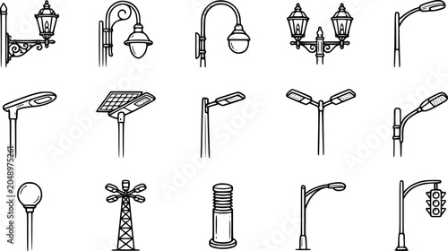 Bild auf Leinwand Street Light and Lamp Post Icon Set Collection – Vintage, Modern, Solar and Urba