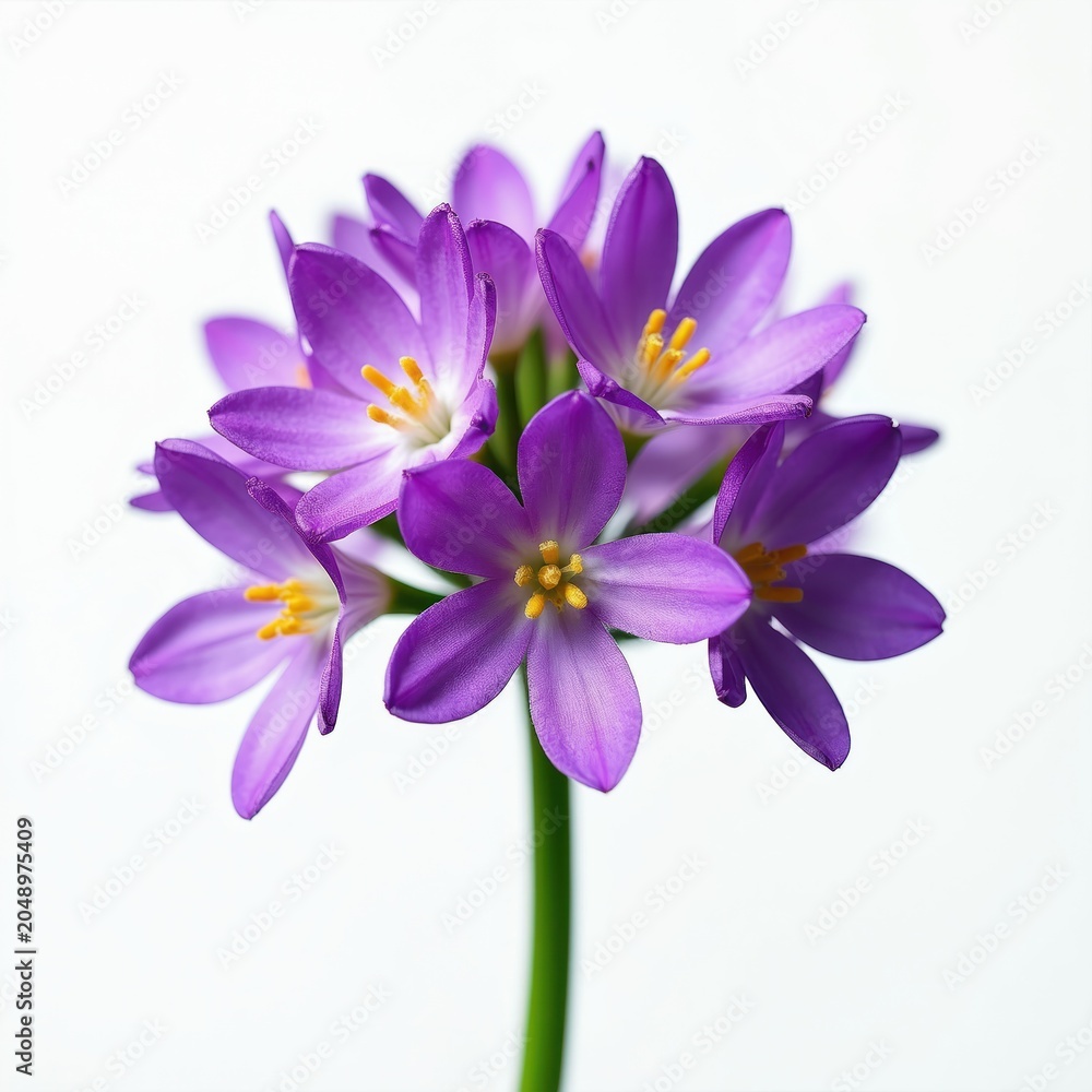 Obraz premium Purple dames rocket flowers bloom in a cluster on a green stem. Delicate petals with yellow stamens open against clean white background. Simple beauty of nature flora.