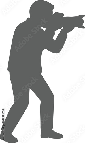 Black silhouette vector icon of photographer holding camera and taking photo, flat minimal style, clean lines, centered, isolated on white background, no gradients.