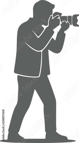 Black silhouette vector icon of photographer holding camera and taking photo, flat minimal style, clean lines, centered, isolated on white background, no gradients.