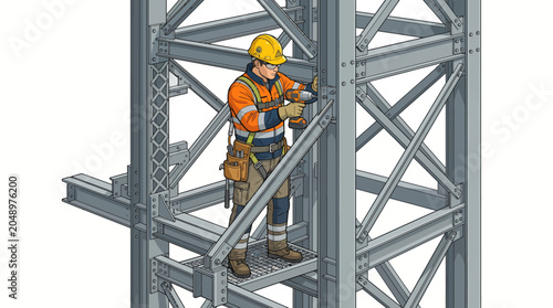 Εκτύπωση καμβά An illustration of a construction worker in an orange safety vest and yellow helmet working on a metal tower structure with a tool