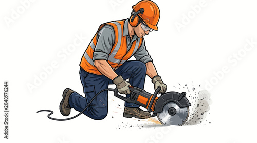 Schilderij op canvas Man in orange safety gear using a power saw on a solid white background with sparks