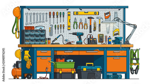 Illustration of a well-organized workbench with various tools and equipment on a white background.