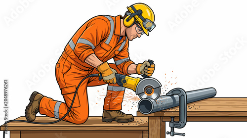 Bild auf Leinwand A worker in orange safety gear and a yellow hard hat using a power tool to cut a metal pipe on a wooden platform against a clean white background