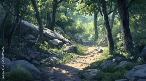 A sunlit forest trail winding through lush green trees and mossy rocks invites exploration and adventure