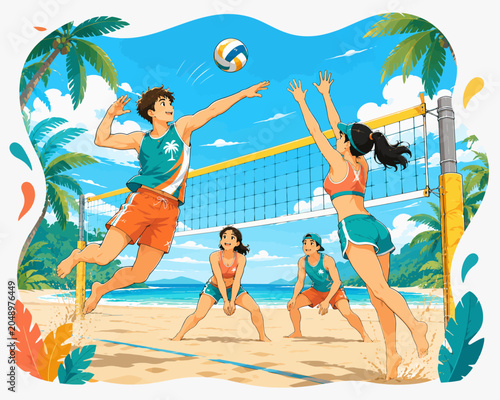 ropical beach volleyball match fun.
