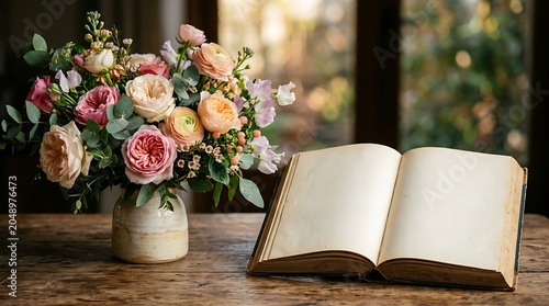 Romantic flower bouquet in vase next to open blank book on wooden table