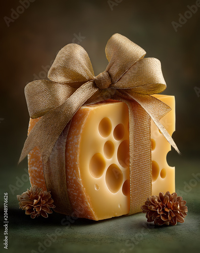 Gruyere cheese wrapped in a gold ribbon like a precious gift. world-renowned cheese.