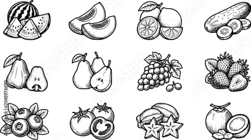Canvastavla Fresh Fruit Collection Hand Drawn Vintage Engraving Style Vector Illustration Se