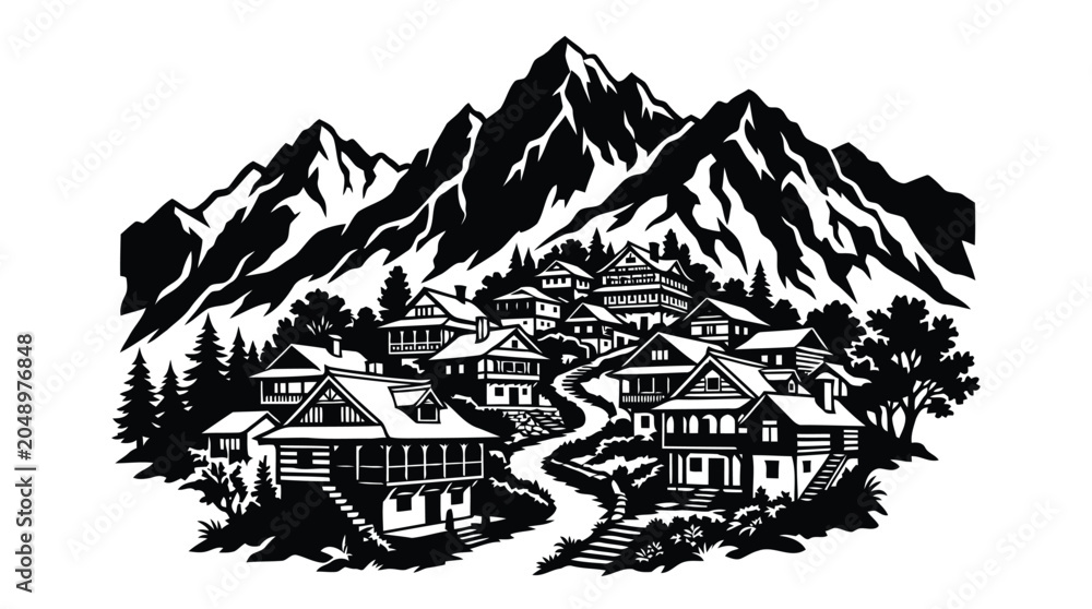 Fototapeta premium Mountain village landscape with traditional wooden houses and pine trees