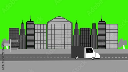 City skyline with modern office buildings and a delivery truck driving on a road in foreground animation
