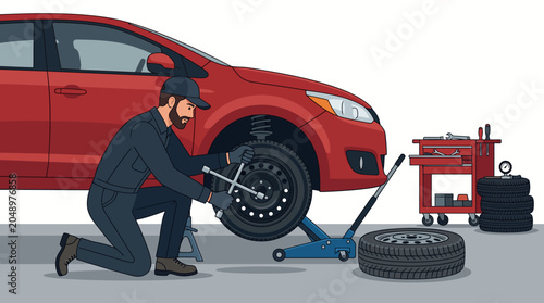 Φωτογραφία Illustration of a mechanic kneeling and loosening a car tire with a tool in a garage with a red car and equipment