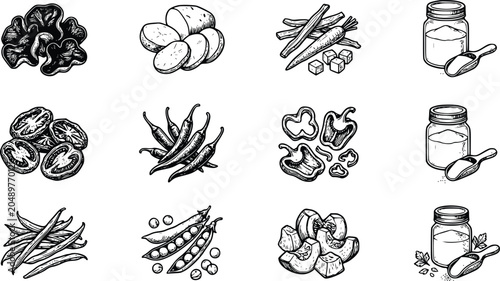 Fotografie Vegetable and Food Ingredient Collection Hand Drawn Vintage Engraving Style Vect