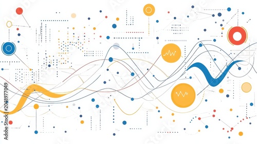 Abstract Data Analytics with Flowing Waveforms and Digital Patterns on a White Background
