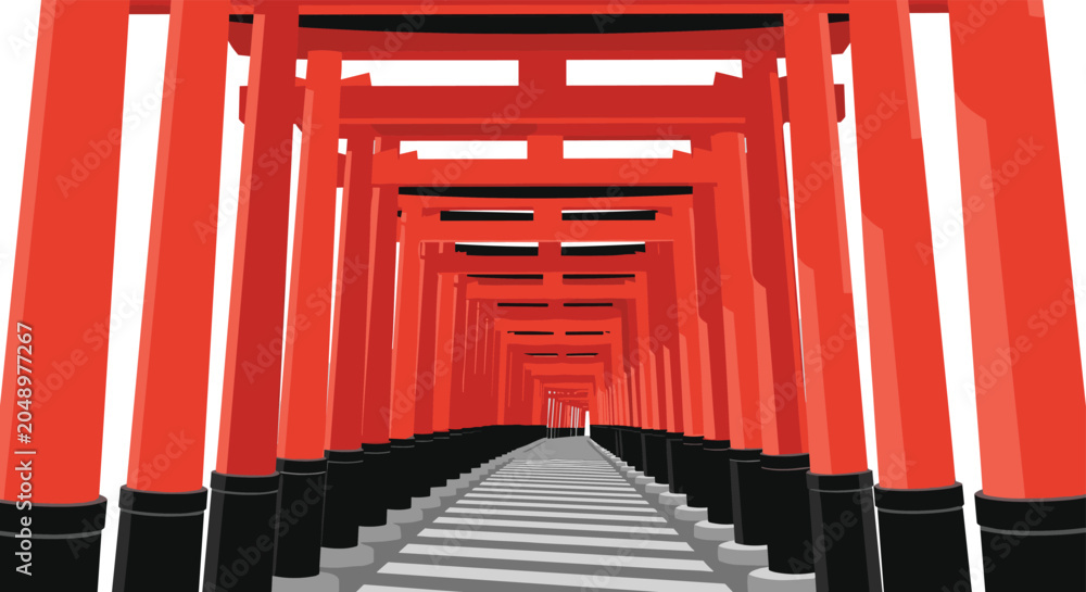 Fototapeta premium Perspective view of a traditional japanese torii gate tunnel at fushimi inari shrine for travel and cultural heritage themes.