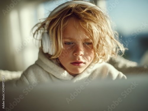 Young boy focused while listening to music with headphones indoors  