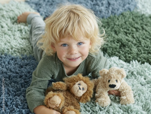 Young boy smiling while lying on colorful rug with stuffed animals  