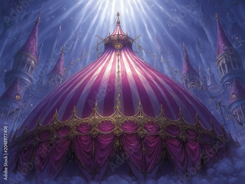 Fantasy circus tent with pink stripes and golden decorations at night  