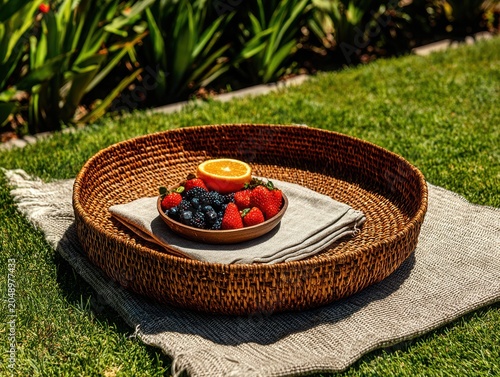 Fresh fruit plate in woven basket on outdoor picnic blanket  