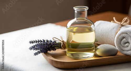 Lavender essential oil bottle with spa towels and stones mockup, blank spaces for text