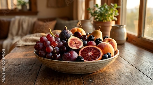 Still Life of Fresh Seasonal Fruits in a Ceramic Bowl on a Rustic Table