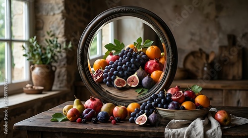 Still life of vibrant fruits with a circular frame on a rustic table