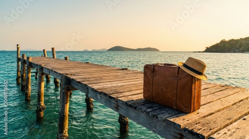 vintage leather suitcase and straw hat on wooden pier over tropical ocean. summer vacation, trip getaway and wanderlust concept. copyspace. banner, website header, travel agency brochure, poster.