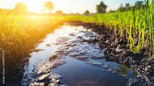 Contaminated agricultural runoff water seeps into muddy riverbanks under bright sunlight, showcasing environmental impact.