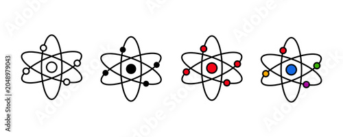Physics Icon Set Illustration Template Design. Atom Icon Set, Nuclear Science Symbol. Molecule of Life Signs Stroke and Color Fill Isolated on White Background