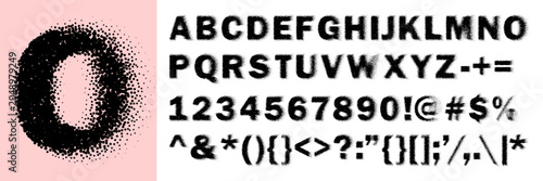 Foto Sprayed font abc, gradient dotted alphabet with noise black figure