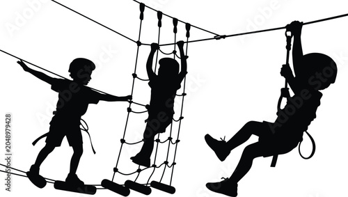 Children silhouettes participating in ropes course obstacle challenge activity with children silhouette adventure