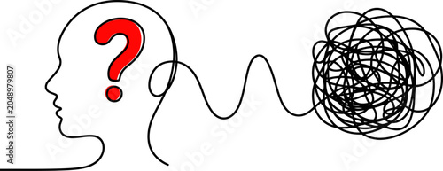 Profile of a human head with a red question mark inside and a tangled mess of lines extending outwards from the brain