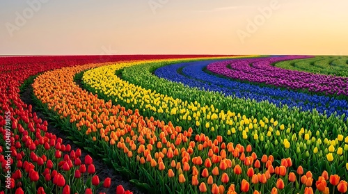 Vibrant Rainbow Tulip Field Arranged in Curved Rows at Sunset