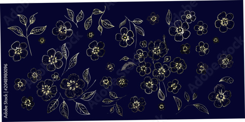 фотографія Floral ornament with gold outlines on a dark navy background