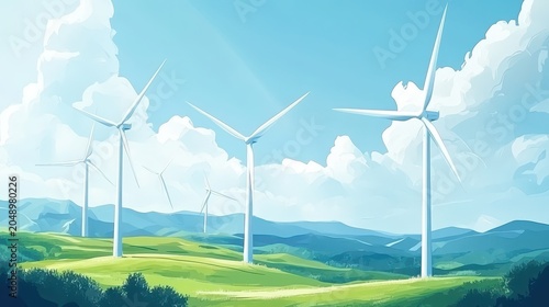 Wind turbines generating renewable energy on rolling green hills under a bright, partly cloudy sky