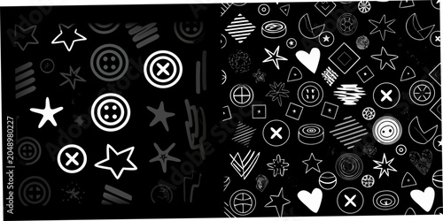 Foto Assorted Geometric Shapes And Icons White Vector Pattern On Black